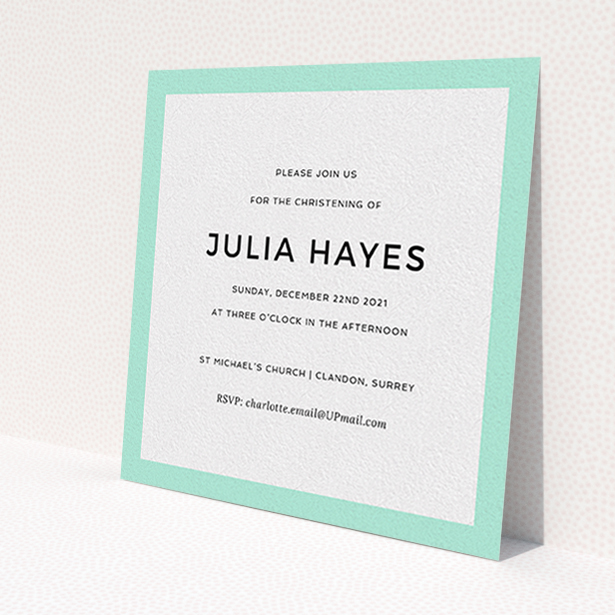 A christening invitation design titled 'Thick Mint'. It is a square (148mm x 148mm) invite in a square orientation. 'Thick Mint' is available as a flat invite, with tones of green and white.