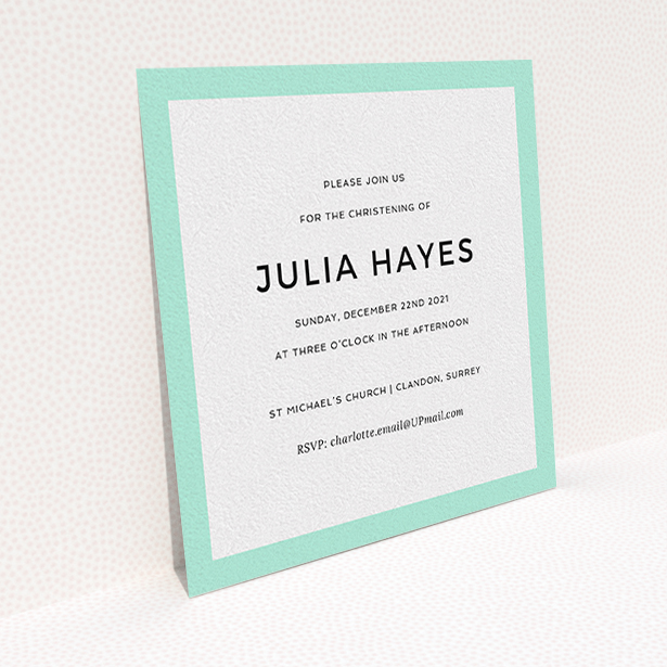 A christening invitation design titled "Thick Mint". It is a square (148mm x 148mm) invite in a square orientation. "Thick Mint" is available as a flat invite, with tones of green and white.