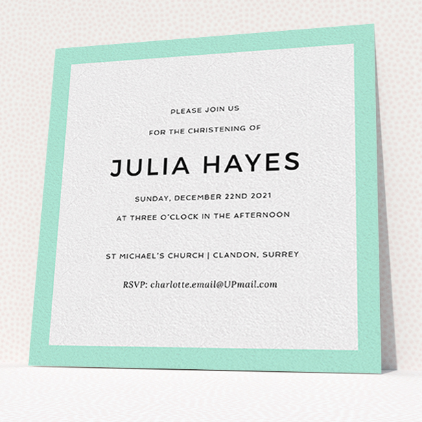 A christening invitation design titled "Thick Mint". It is a square (148mm x 148mm) invite in a square orientation. "Thick Mint" is available as a flat invite, with tones of green and white.