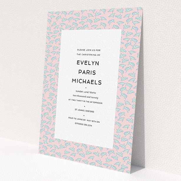 A christening invitation design named 'Tiny, tiny Turtles'. It is an A6 invite in a portrait orientation. 'Tiny, tiny Turtles' is available as a flat invite, with tones of blue and pink.