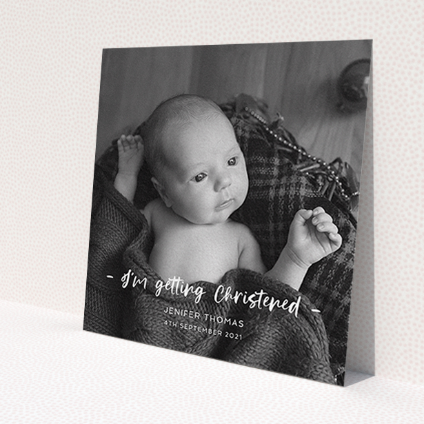 A christening invitation named 'To the Point'. It is a square (148mm x 148mm) invite in a square orientation. It is a photographic christening invitation with room for 1 photo. 'To the Point' is available as a flat invite, with mainly white colouring.