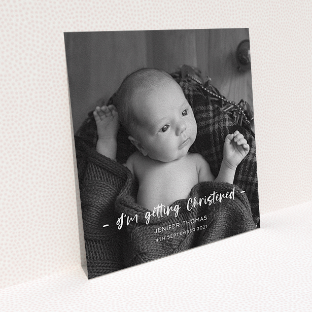 A christening invitation named "To the Point". It is a square (148mm x 148mm) invite in a square orientation. It is a photographic christening invitation with room for 1 photo. "To the Point" is available as a flat invite, with mainly white colouring.