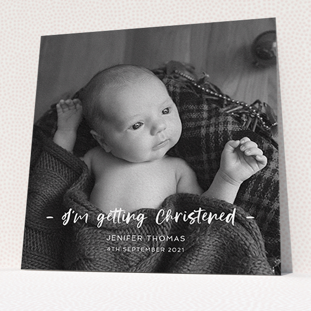 A christening invitation named "To the Point". It is a square (148mm x 148mm) invite in a square orientation. It is a photographic christening invitation with room for 1 photo. "To the Point" is available as a flat invite, with mainly white colouring.