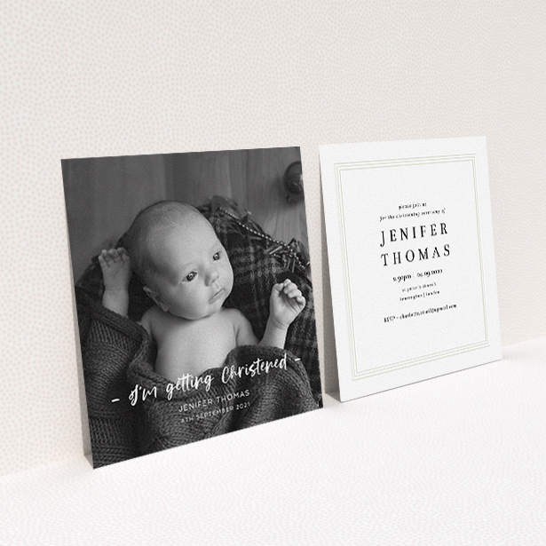 A christening invitation named "To the Point". It is a square (148mm x 148mm) invite in a square orientation. It is a photographic christening invitation with room for 1 photo. "To the Point" is available as a flat invite, with mainly white colouring.