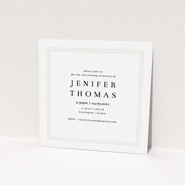 A christening invitation named "To the Point". It is a square (148mm x 148mm) invite in a square orientation. It is a photographic christening invitation with room for 1 photo. "To the Point" is available as a flat invite, with mainly white colouring.