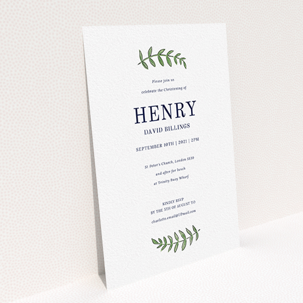 A christening invitation named "Top and Bottom". It is an A6 invite in a portrait orientation. "Top and Bottom" is available as a flat invite, with tones of white and green.