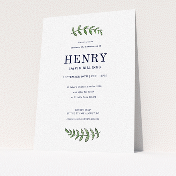A christening invitation named "Top and Bottom". It is an A6 invite in a portrait orientation. "Top and Bottom" is available as a flat invite, with tones of white and green.