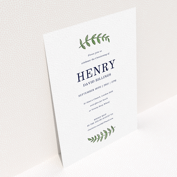 A christening invitation named "Top and Bottom". It is an A6 invite in a portrait orientation. "Top and Bottom" is available as a flat invite, with tones of white and green.
