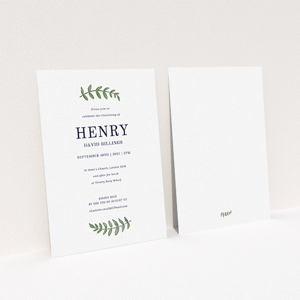 A christening invitation named "Top and Bottom". It is an A6 invite in a portrait orientation. "Top and Bottom" is available as a flat invite, with tones of white and green.