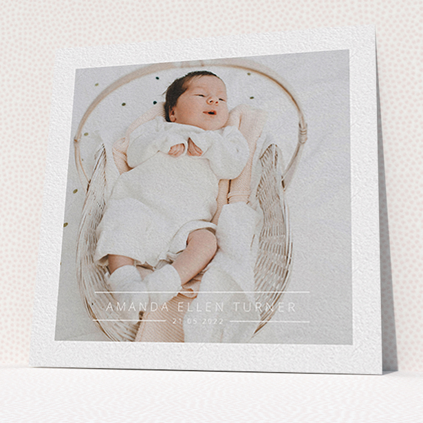 A christening invitation design titled "Tramlines". It is a square (148mm x 148mm) invite in a square orientation. It is a photographic christening invitation with room for 1 photo. "Tramlines" is available as a flat invite, with mainly white colouring.
