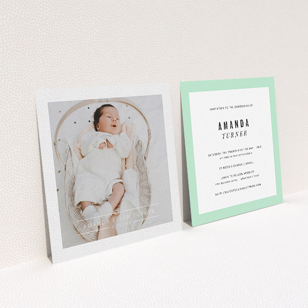 A christening invitation design titled "Tramlines". It is a square (148mm x 148mm) invite in a square orientation. It is a photographic christening invitation with room for 1 photo. "Tramlines" is available as a flat invite, with mainly white colouring.