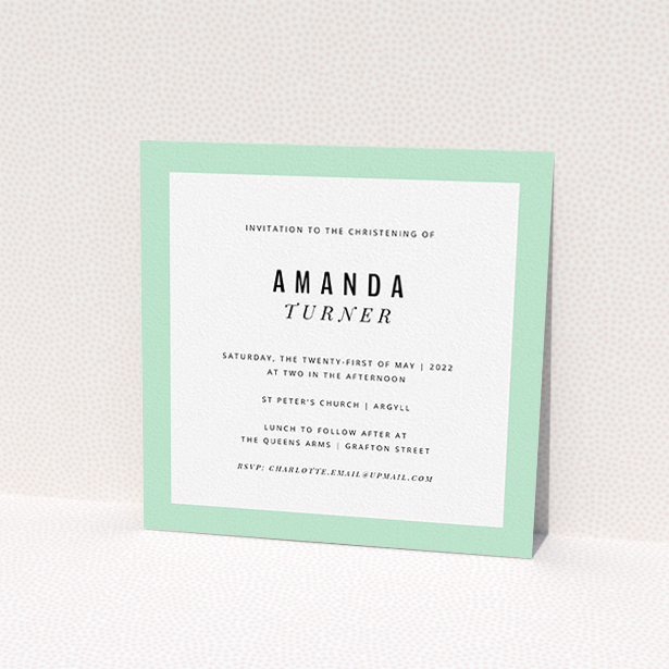 A christening invitation design titled "Tramlines". It is a square (148mm x 148mm) invite in a square orientation. It is a photographic christening invitation with room for 1 photo. "Tramlines" is available as a flat invite, with mainly white colouring.