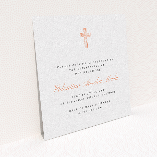 A christening invite design named "Baby Pink Cross". It is a square (148mm x 148mm) invite in a square orientation. "Baby Pink Cross" is available as a flat invite, with tones of white and pink.