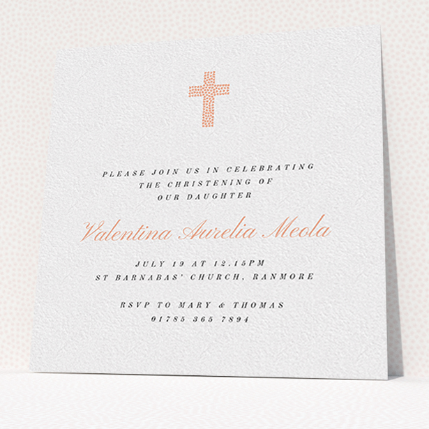 A christening invite design named "Baby Pink Cross". It is a square (148mm x 148mm) invite in a square orientation. "Baby Pink Cross" is available as a flat invite, with tones of white and pink.
