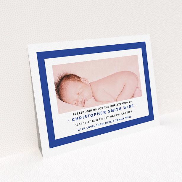 A christening invite design named "Big Blue". It is an A5 invite in a landscape orientation. It is a photographic christening invite with room for 1 photo. "Big Blue" is available as a flat invite, with tones of blue and white.