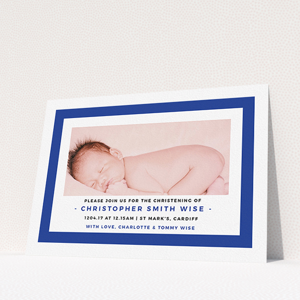 A christening invite design named "Big Blue". It is an A5 invite in a landscape orientation. It is a photographic christening invite with room for 1 photo. "Big Blue" is available as a flat invite, with tones of blue and white.