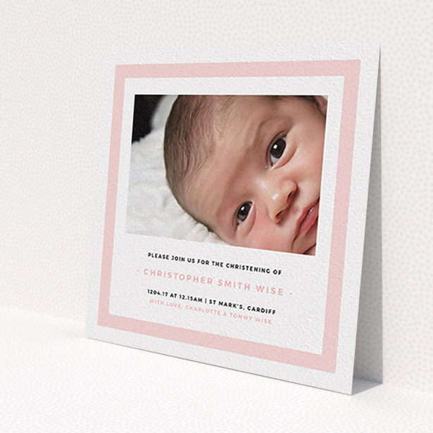 A christening invite design named 'Big Pink'. It is a square (148mm x 148mm) invite in a square orientation. It is a photographic christening invite with room for 1 photo. 'Big Pink' is available as a flat invite, with tones of pink and white.