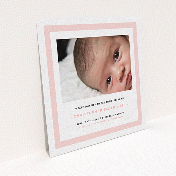 A christening invite design named "Big Pink". It is a square (148mm x 148mm) invite in a square orientation. It is a photographic christening invite with room for 1 photo. "Big Pink" is available as a flat invite, with tones of pink and white.