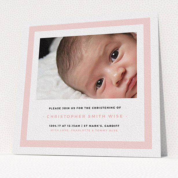 A christening invite design named "Big Pink". It is a square (148mm x 148mm) invite in a square orientation. It is a photographic christening invite with room for 1 photo. "Big Pink" is available as a flat invite, with tones of pink and white.