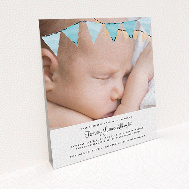 A christening invite called "Blue Bunting". It is a square (148mm x 148mm) invite in a square orientation. It is a photographic christening invite with room for 1 photo. "Blue Bunting" is available as a flat invite, with tones of blue and white.