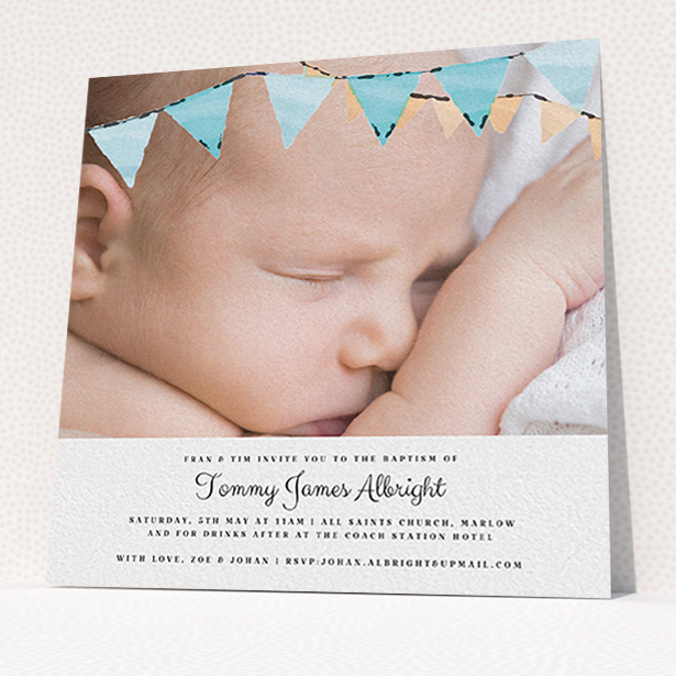 A christening invite called "Blue Bunting". It is a square (148mm x 148mm) invite in a square orientation. It is a photographic christening invite with room for 1 photo. "Blue Bunting" is available as a flat invite, with tones of blue and white.