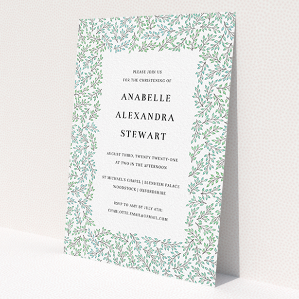 A christening invite named 'Branching Out'. It is an A6 invite in a portrait orientation. 'Branching Out' is available as a flat invite, with tones of blue and green.