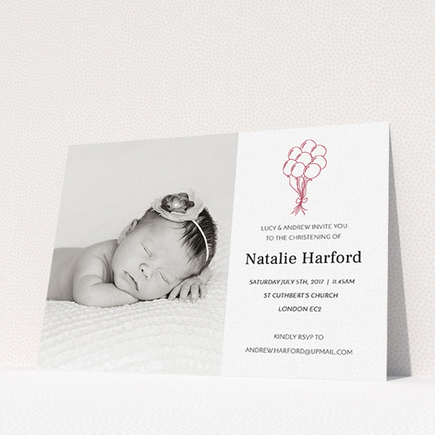 A christening invite design called "Celebration". It is an A5 invite in a landscape orientation. It is a photographic christening invite with room for 1 photo. "Celebration" is available as a flat invite, with tones of white and red.