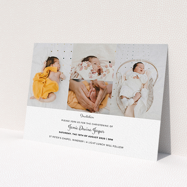 A christening invite template titled 'Cheek by Jowl'. It is an A6 invite in a landscape orientation. It is a photographic christening invite with room for 4 photos. 'Cheek by Jowl' is available as a flat invite, with mainly white colouring.