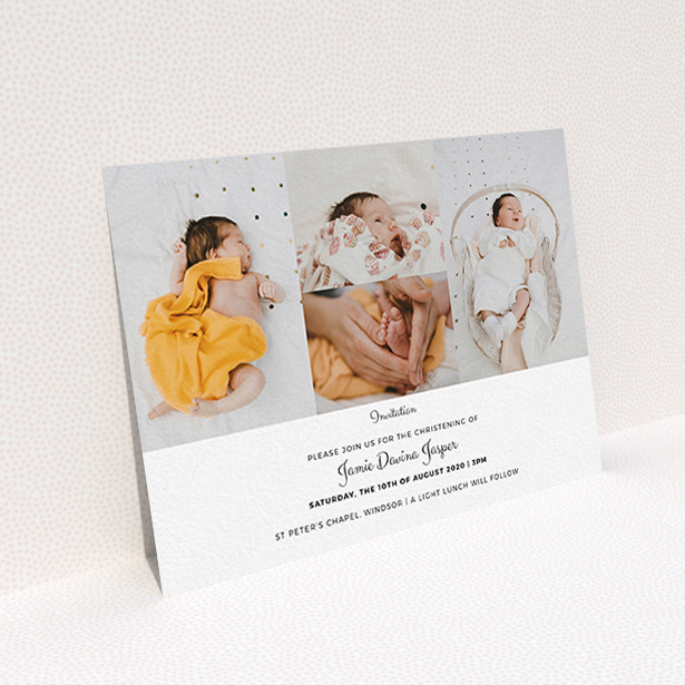 A christening invite template titled "Cheek by Jowl". It is an A6 invite in a landscape orientation. It is a photographic christening invite with room for 4 photos. "Cheek by Jowl" is available as a flat invite, with mainly white colouring.