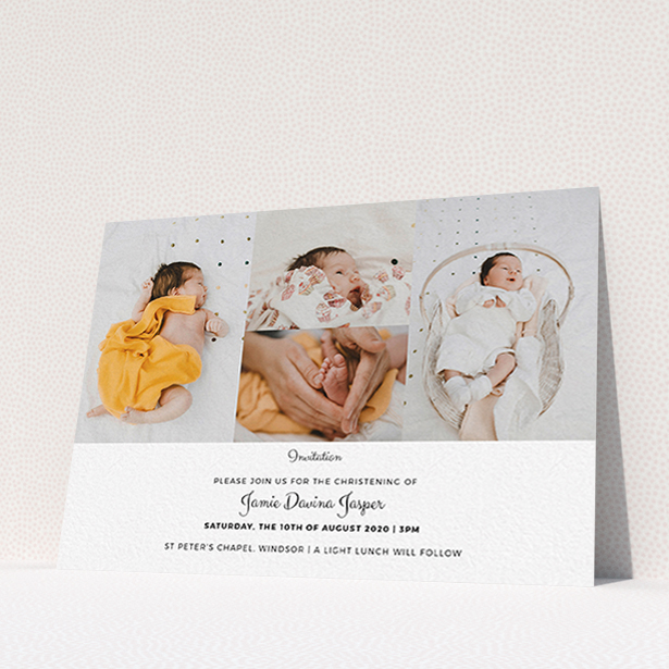 A christening invite template titled "Cheek by Jowl". It is an A6 invite in a landscape orientation. It is a photographic christening invite with room for 4 photos. "Cheek by Jowl" is available as a flat invite, with mainly white colouring.