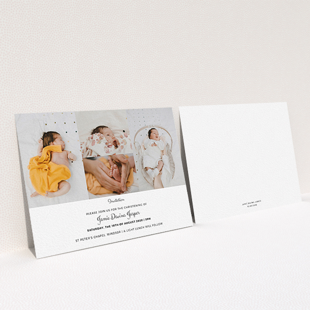 A christening invite template titled "Cheek by Jowl". It is an A6 invite in a landscape orientation. It is a photographic christening invite with room for 4 photos. "Cheek by Jowl" is available as a flat invite, with mainly white colouring.