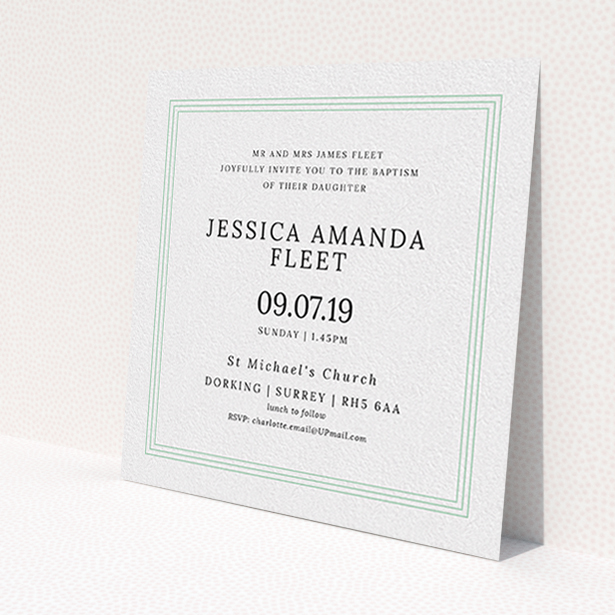 A christening invite design named 'Classic Border'. It is a square (148mm x 148mm) invite in a square orientation. 'Classic Border' is available as a flat invite, with tones of blue and white.