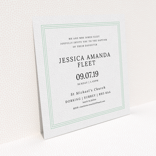 A christening invite design named "Classic Border". It is a square (148mm x 148mm) invite in a square orientation. "Classic Border" is available as a flat invite, with tones of blue and white.