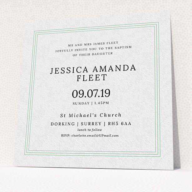 A christening invite design named "Classic Border". It is a square (148mm x 148mm) invite in a square orientation. "Classic Border" is available as a flat invite, with tones of blue and white.