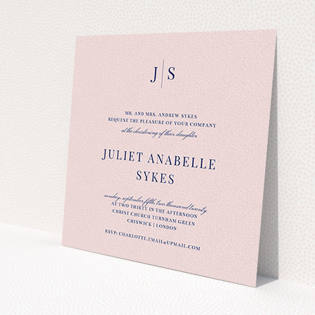 A christening invite called 'Monogrammed Pink Tradition'. It is a square (148mm x 148mm) invite in a square orientation. 'Monogrammed Pink Tradition' is available as a flat invite, with tones of blue and pink.