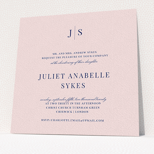 A christening invite called "Monogrammed Pink Tradition". It is a square (148mm x 148mm) invite in a square orientation. "Monogrammed Pink Tradition" is available as a flat invite, with tones of blue and pink.
