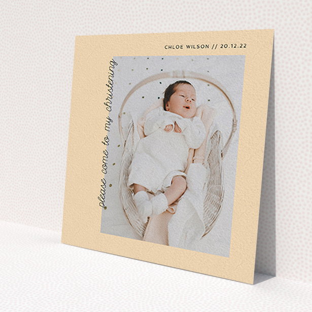A christening invite called 'Old Orange'. It is a square (148mm x 148mm) invite in a square orientation. It is a photographic christening invite with room for 1 photo. 'Old Orange' is available as a flat invite, with mainly pale orange colouring.