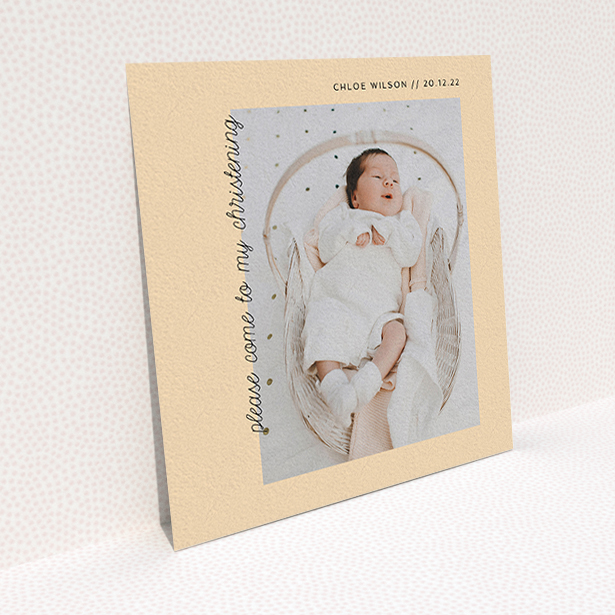 A christening invite called "Old Orange". It is a square (148mm x 148mm) invite in a square orientation. It is a photographic christening invite with room for 1 photo. "Old Orange" is available as a flat invite, with mainly pale orange colouring.