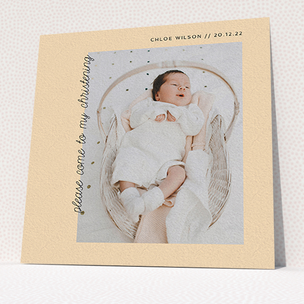 A christening invite called "Old Orange". It is a square (148mm x 148mm) invite in a square orientation. It is a photographic christening invite with room for 1 photo. "Old Orange" is available as a flat invite, with mainly pale orange colouring.