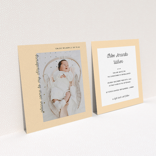 A christening invite called "Old Orange". It is a square (148mm x 148mm) invite in a square orientation. It is a photographic christening invite with room for 1 photo. "Old Orange" is available as a flat invite, with mainly pale orange colouring.