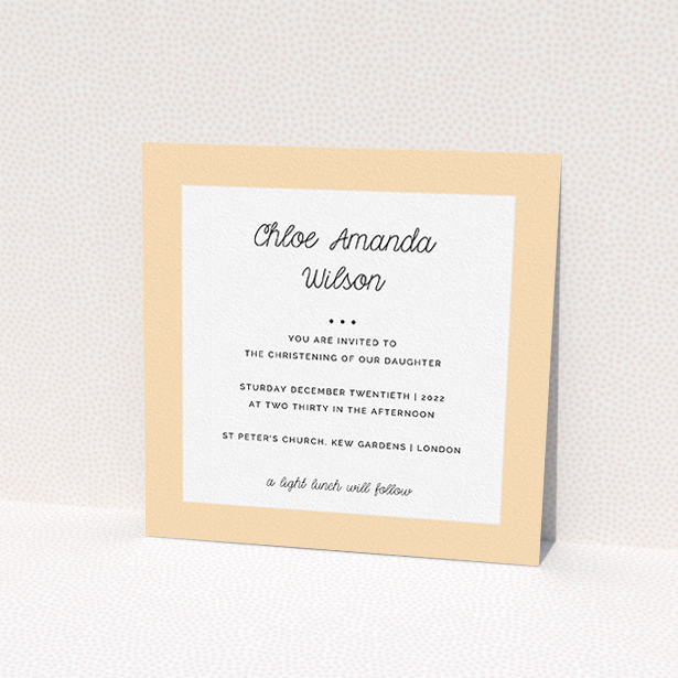 A christening invite called "Old Orange". It is a square (148mm x 148mm) invite in a square orientation. It is a photographic christening invite with room for 1 photo. "Old Orange" is available as a flat invite, with mainly pale orange colouring.