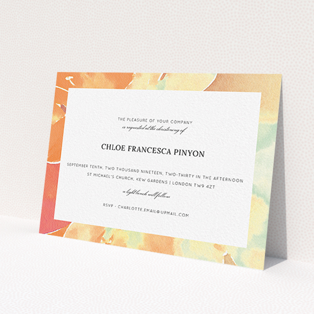 A christening invite design named 'Pastel Blossom'. It is an A6 invite in a landscape orientation. 'Pastel Blossom' is available as a flat invite, with tones of orange and mint green.