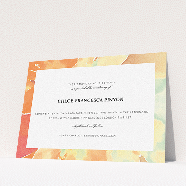 A christening invite design named "Pastel Blossom". It is an A6 invite in a landscape orientation. "Pastel Blossom" is available as a flat invite, with tones of orange and mint green.