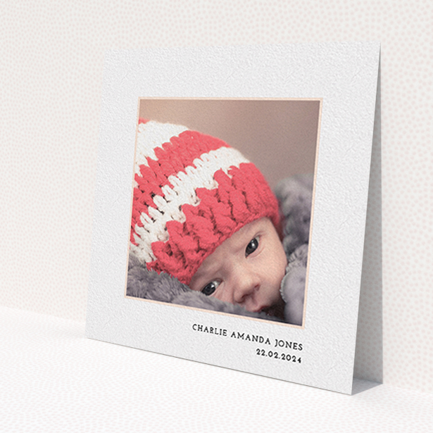 A christening invite design titled 'Photo Centre'. It is a square (148mm x 148mm) invite in a square orientation. It is a photographic christening invite with room for 1 photo. 'Photo Centre' is available as a flat invite, with mainly white colouring.