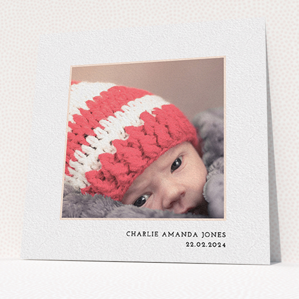 A christening invite design titled "Photo Centre". It is a square (148mm x 148mm) invite in a square orientation. It is a photographic christening invite with room for 1 photo. "Photo Centre" is available as a flat invite, with mainly white colouring.