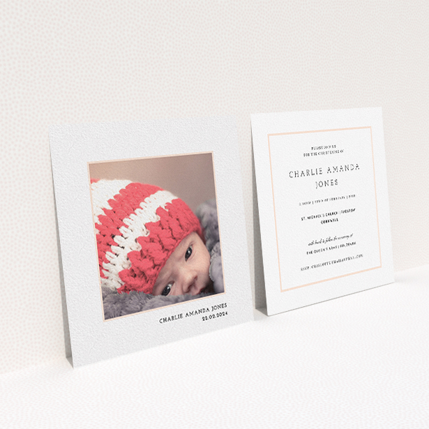 A christening invite design titled "Photo Centre". It is a square (148mm x 148mm) invite in a square orientation. It is a photographic christening invite with room for 1 photo. "Photo Centre" is available as a flat invite, with mainly white colouring.