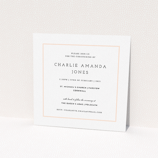 A christening invite design titled "Photo Centre". It is a square (148mm x 148mm) invite in a square orientation. It is a photographic christening invite with room for 1 photo. "Photo Centre" is available as a flat invite, with mainly white colouring.