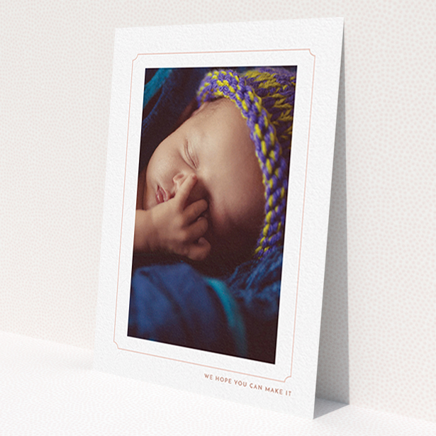 A christening invite template titled 'Pink notch Frame'. It is an A6 invite in a portrait orientation. It is a photographic christening invite with room for 1 photo. 'Pink notch Frame' is available as a flat invite, with tones of white and pink.