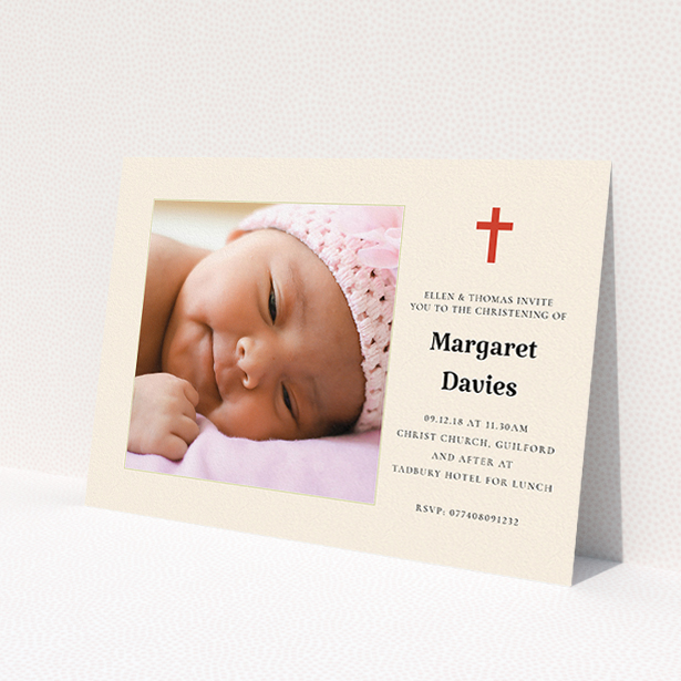 A christening invite design titled 'Red and Cream'. It is an A5 invite in a landscape orientation. It is a photographic christening invite with room for 1 photo. 'Red and Cream' is available as a flat invite, with tones of red and cream.