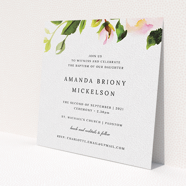 A christening invite template titled 'Rose Ceiling'. It is a square (148mm x 148mm) invite in a square orientation. 'Rose Ceiling' is available as a flat invite, with tones of pink and green.